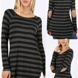 STRIPED LONG SLEEVE BOAT NECK TOP W/ ELBOW PATCH